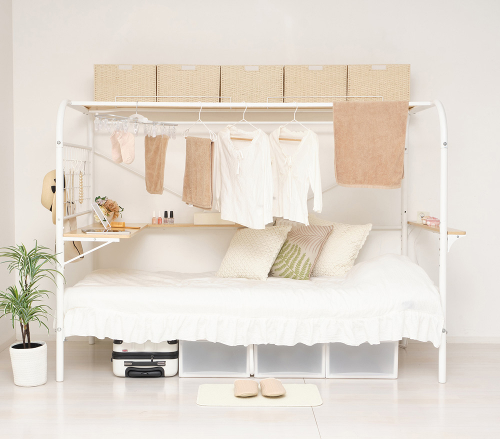 快適棚付きパイプベッド システムベッド シングルベッド ホワイト